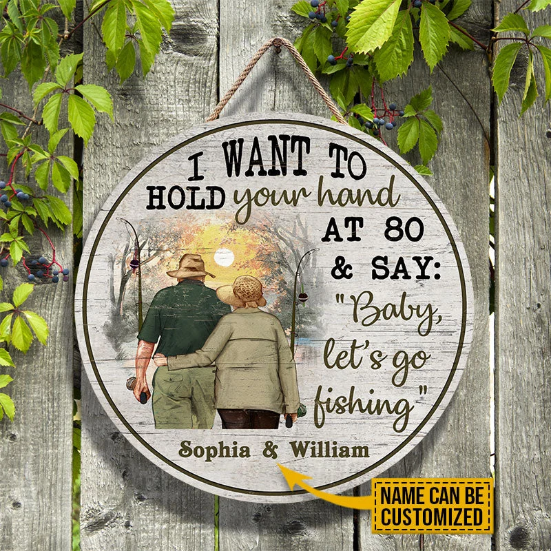 Fishing line cast secure-Personalized Fishing Old Couple Hold Your Hand Custom Wood Circle Sign